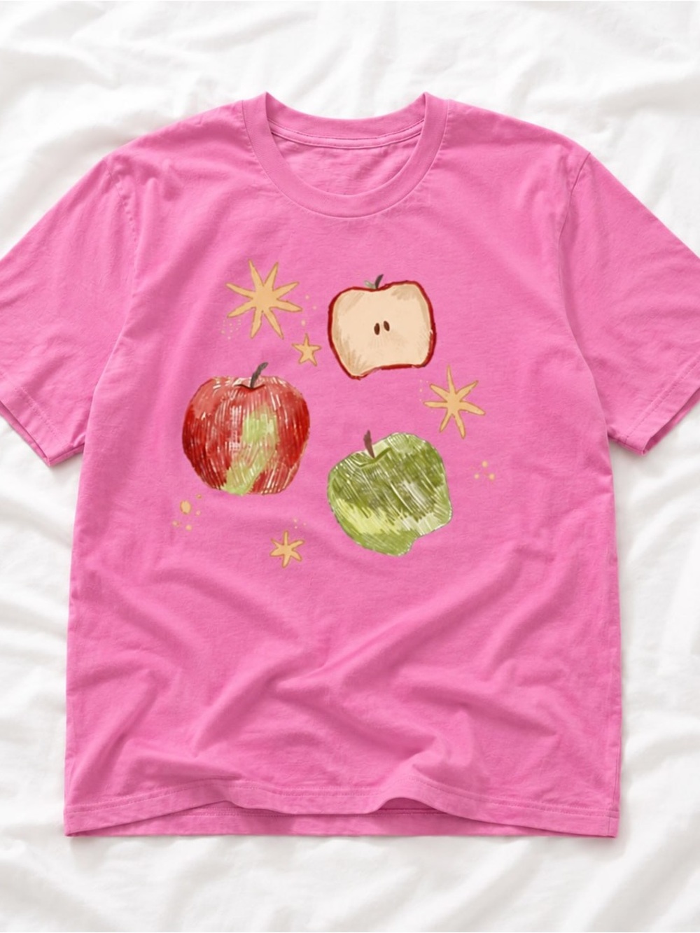 Gildan Pink Tee with Red & Green Apple Graphic